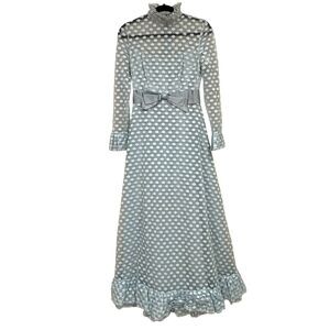 1970's Neiman Marcus Richilene Long Sleeve Sheer Polka Dot Maxi Dress Blue